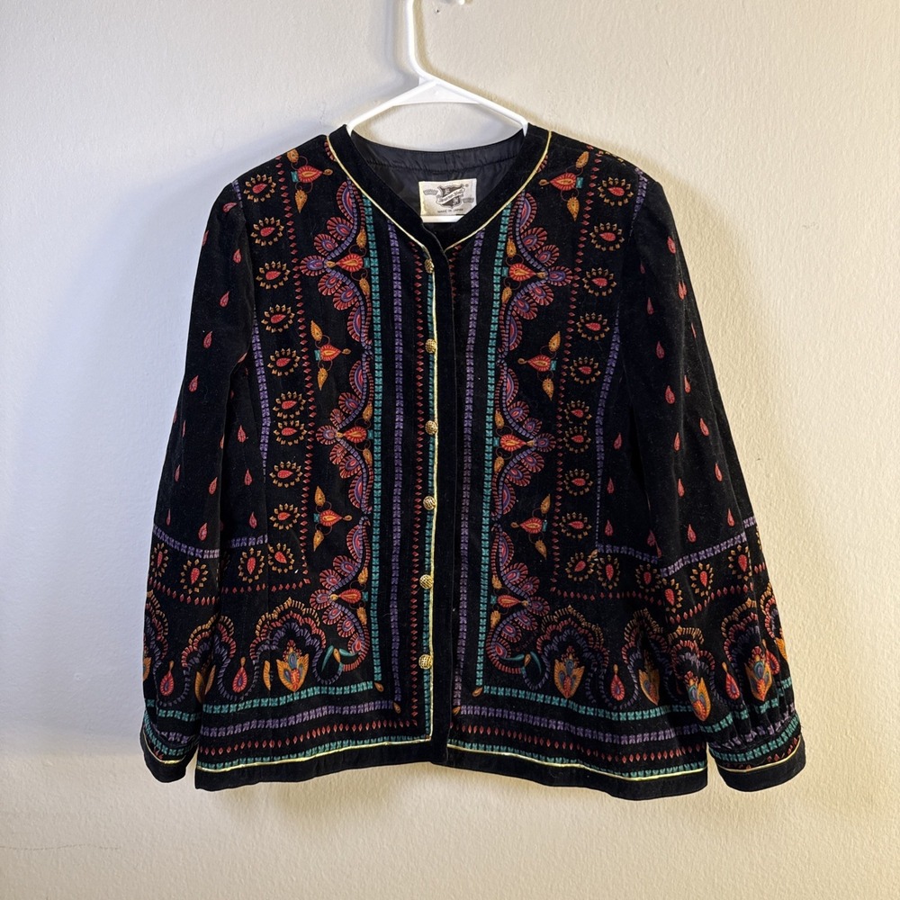 VTG Saxton Hall Womens Black Multicolor Floral Long Sleeve Gold Button Jacket 16